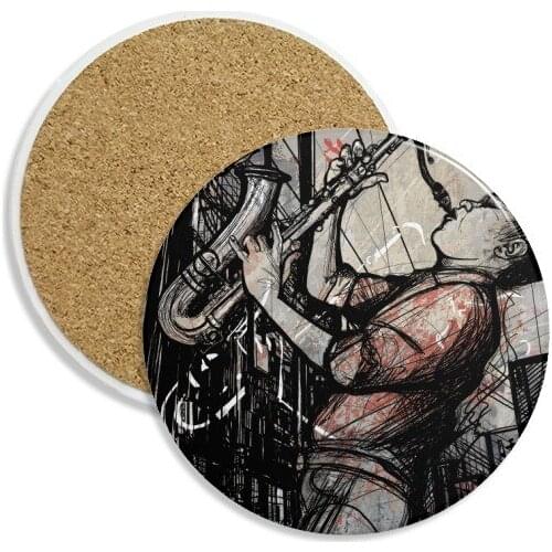Jazz Music Street Culture Illustrate Ceramic Coaster Cup Mug Holder Absorbent Stone for Drinks 2pcs Gift