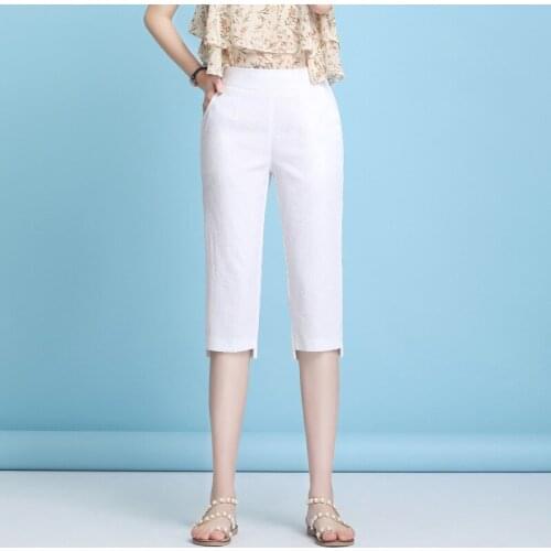 Summer High Waist Capris Women Casual Cotton Line Knee Length Trousers Breathable Loose Straight Elastic Waist Pants
