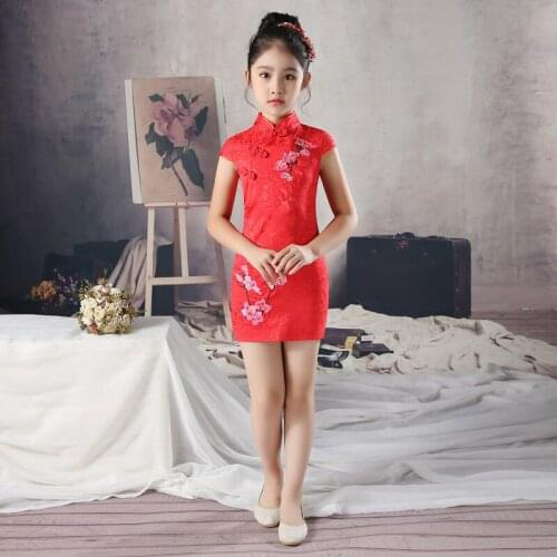 Chinese cheongsam Flower Girl Princess Wedding Bridesmaid Embroidery Party Dress Baby Girl red short sleeve Graduation Ball