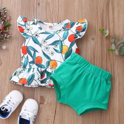 Summer Girls T-shirt and Shorts Set Fashion Flower Print Fly Sleeve Round Neck Tops and Solid Color Triangle Short Pants
