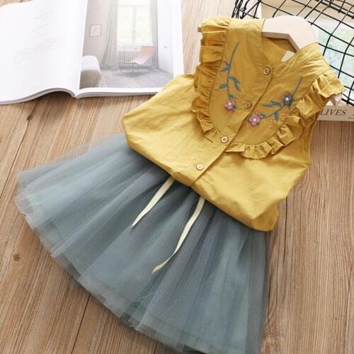 Girls summer clothes girls outfits top sleeveless floral embroidery blouse shirt+mesh skirt 2pcs girls outfits kids clothes 2-7T