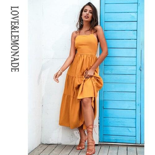 LOVE&LEMONADE Sexy Yellow Suspenders Cross Hollow Back A-Line Beach Summer Midi Dress LM83567