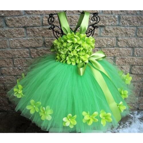 Cute Girls Green Flower Petals Tutu Dress Kids Tulle Wedding Party Dress with Ribbon Bow Children Birthday Bridal Costume Dress
