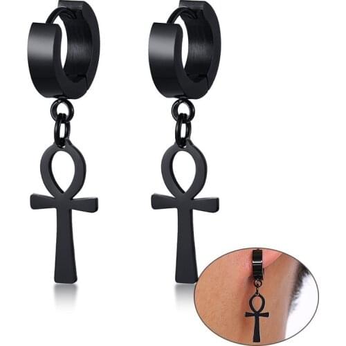 Vintage Cross Egypt Ankh Earrings for Men Jewelry Black Silver Color and Gold Tone Stainless Steel Egyptian brincos masculinos