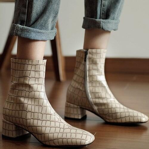 New Winter Autumn Genuine Leather Handmade Women Short Boots Square Toe Chunky Heel Feminines Shoes Zipper Ankle Women Boots