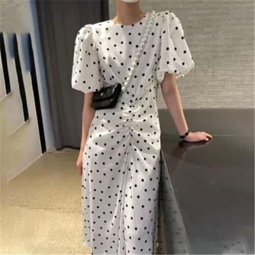 Polka Dot Puff Sleeve Milf Temperament Waist Slimming Dress