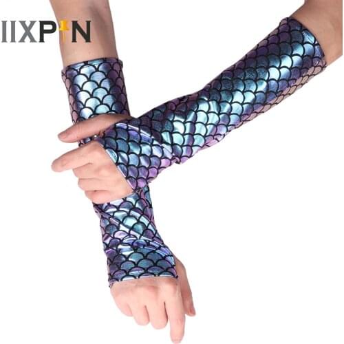 Rainbow Mermaid Arm Sleeves Fish Scale Pattern Printed Fingerless Long Gloves Arm Sleeves Adult Halloween Costume Accessory