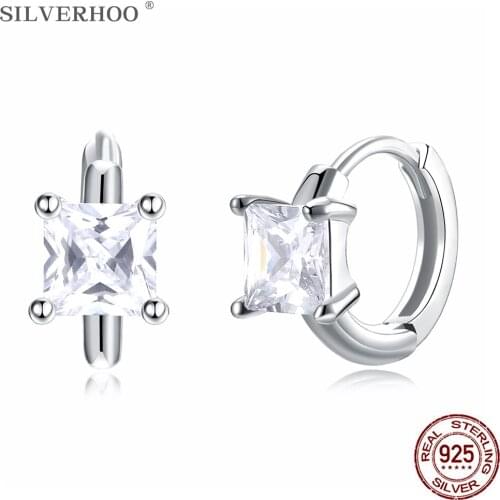 SILVERHOO S925 Sterling Silver Jewelry Hoop Earrings For Women Geometry Simple Cubic Zirconia Wedding Engagement Fine Earring