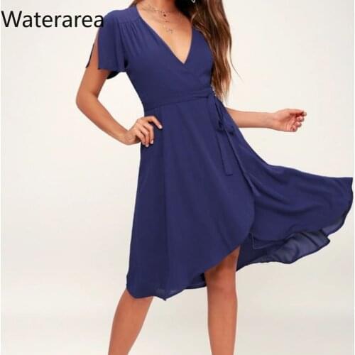 2019 New Plus Size Women Sexy V-Neck Short Sleeve Solid Color With Belt A-Line Chiffon Dress Sexy Office Lady Dress ZB00723
