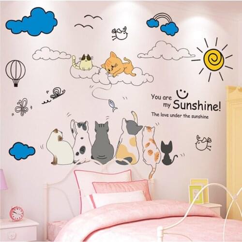 [shijuekongjian] Cartoon Cats Animals Wall Sticker DIY Clouds Sun Mural Decals for Kids Bedroom Living Room House Decoration