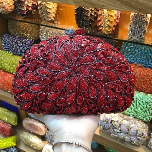 Bling Hollow Out champagne/red/gold/silver Bridal Crystal Evening Bag Metal Clutches Wedding Banquet Party Handbag Clutch purse