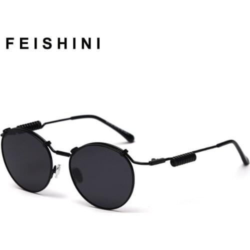 FEISHINI Celebrity Oval Women Brand Sunglasses Polarized Steampunk Luxury Metal Fashion 2020 Drive Glasses Men retro With Box