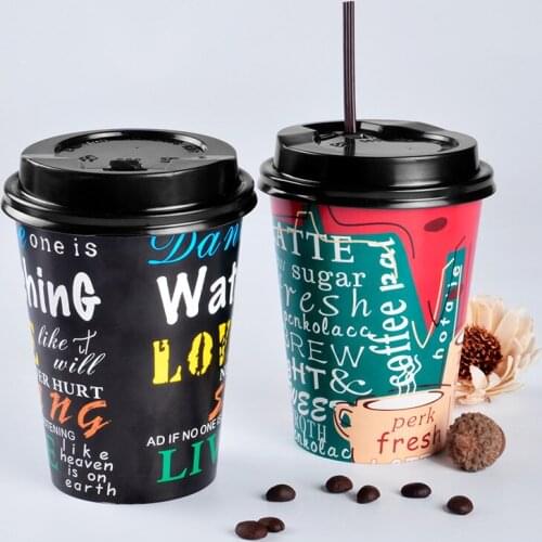 50pcs American style creative word pattern disposable coffee cup 450ml milk tea cup party favor hot drink paper cup with cover