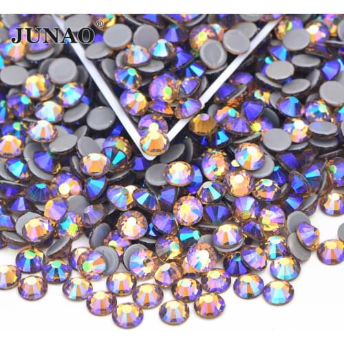 JUNAO SS6 8 10 12 16 20 30 Topaz AB Hot Fix Glass Rhinestone Stones Applique Iron On Transfers Strass Crystal for Wedding Dress