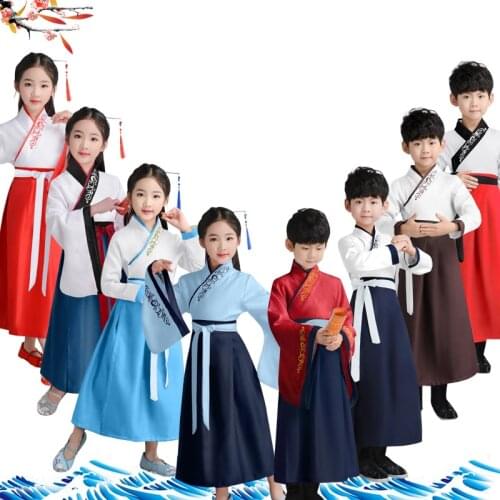Kids Traditional Chinese Clothes Boy and Girls Ancient Costumes Folk Dance Hanfu Dress Stage Performance Baby Culture Tang Suit