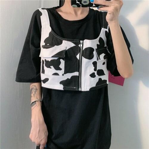 Ucuhulnl Sexy Cargo Pocket Zipper Up Square Cow Tank Summer Sleeveless Tee Fashion Crop Top Cropped Streetwear Harajuku Punk