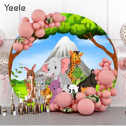 Yeele Circle Safari Party Cute Animals Newborn Baby Shower Round Backdrop Photography Background Custom Polyester Photo Studio