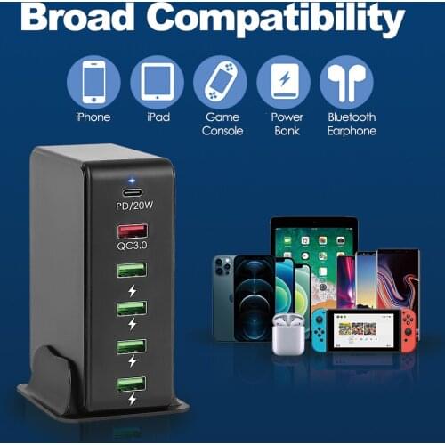 65w Multi USB charger stand QC3.0 fast charger USB C PD Desktop Charger Station For iPhone 11 12 Pro Xiaomi Huawei Samsung