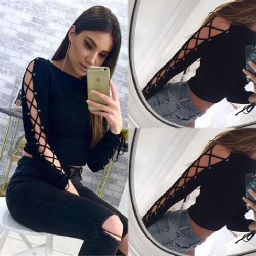 Kayotuas Women T-Shirt New Elegant Fashion Casual Long Sleeve Bandage Top Loose Black Hot Sale Hollow Out Streetwear