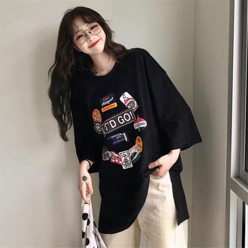New college style spring and summer personality pattern printing mid-length and short-sleeved T-shirt women