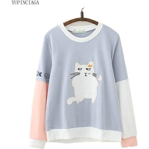 Women Hit Color Patchwork Sleeve Sweatshirt Cute patch Funny Cat Embroidery O-neck Long Sleeve Hoosies Girl Harajuku Pullovers