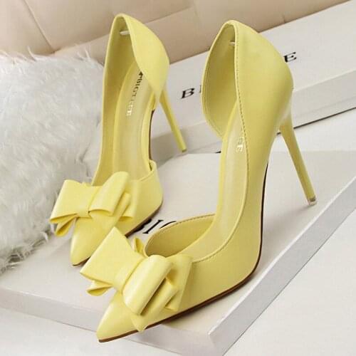 2020 New Shoes Bow Women Pumps Pu Leather High Heels Sexy Office Shoes Women Heels Stiletto Ladies Shoes Wedding Free Shipping