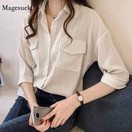 Women Cardigan Loose Slimming Top Solid Lapel Pockets Vintage Shirt Plus Size 4XL Half Sleeve Striped Casual Blouse Blusas 11392