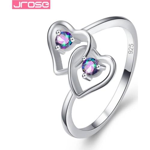 JROSE Wholesale Fashion Romantic Heart Jewelry Rainbow Pink Purple Cubic Zirconia Silver Ring Size 6 7 8 9 Wedding Engagement