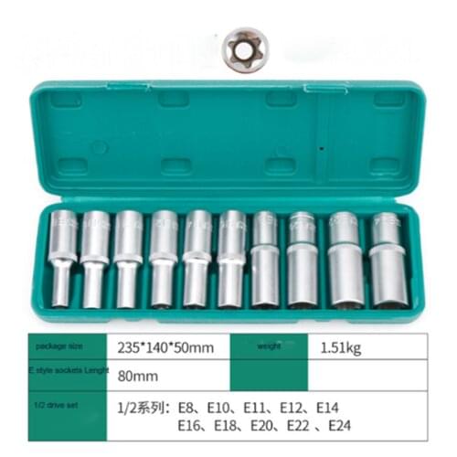 10Pcs E-Type Socket 1/2 Inch Chrome Vanadium Deep Socket Set 8-24mm, Hexagonal Long Socket