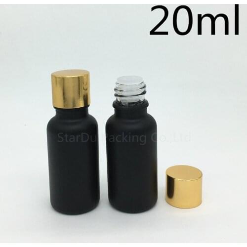 240pcs 20ML Black Frosted Glass Bottle 20ml Vials Essential Oil Bottle gold Aluminum cover Perfume bottles