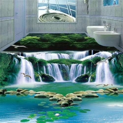Beibehang 3D wall murals wallpaper floor 3D wallpaper floor for living room Waterfall water green forest Custom 3d flooring