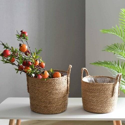 2021 Handmade Bamboo Storage Baskets Foldable Laundry Straw Patchwork Wicker Rattan Seagrass Garden Flower Pot Planter Basket