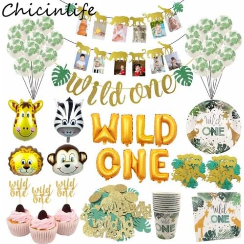 Chicinlife Wild One Theme Banner Foil Balloon Cupcake Confetti Safari Animal Paper Plates Boy Girl 1st Birthday Party Supplies
