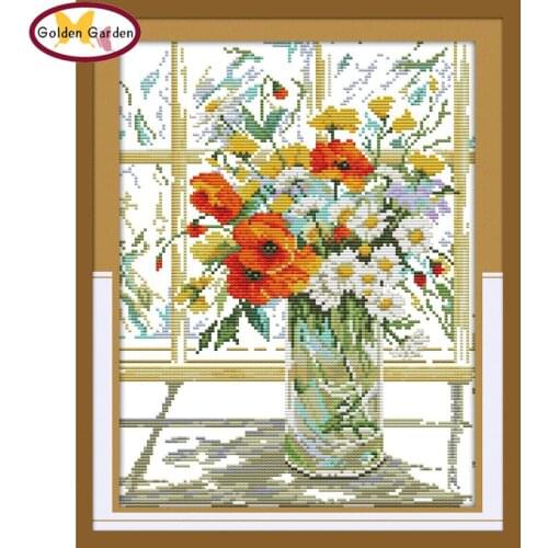 GG Flower Vase on Windowsill Cross Stitch Patterns Chinese Flower Design Embroidery Needlework Cross Stitch Kits for Home Decor