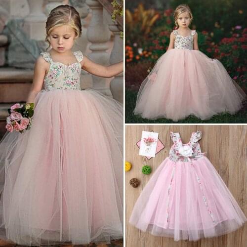 Kids Girls Flower Print Dress Lace Mesh Sleeveless Princess Party Wedding Bridesmaid Pink Pageant Dress Sweet Summer Sundress