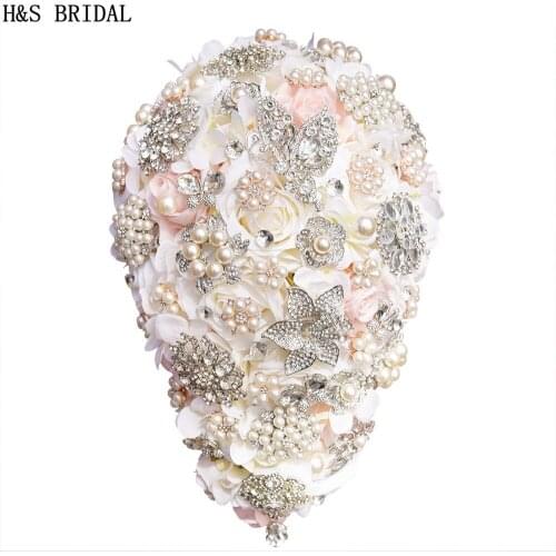 H&S BRIDAL Teardrop Wedding Bouquet Rose 2020 Bridal Flower Bouquet Handmade Crystal Bruidsboeket Waterval bouquet de mariage