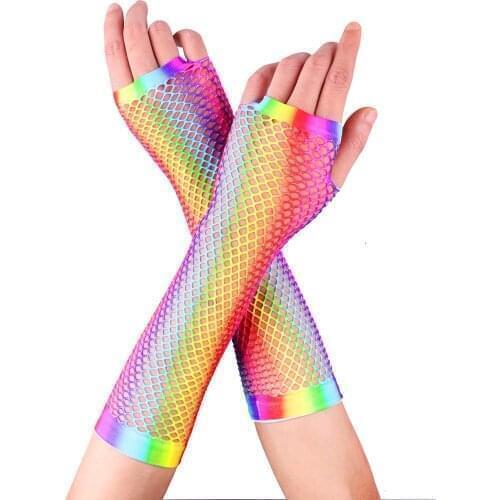 Fingerless Mesh Fishnet Gloves Rainbow Hollow Out Holes Mesh Fishnet Gloves Punk Goth Lady Disco Dance Costume Party Performance