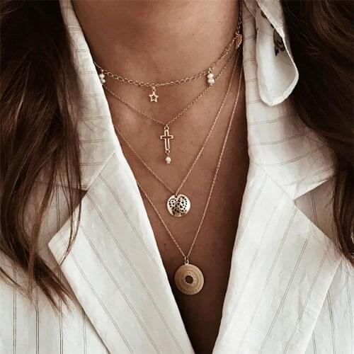 Bls-mircale Hollow Five-pointed Star Cross Coin Dangle For Women Girls 2019 Vintage Multilevel Summer Bohemian Geometric Jewelry