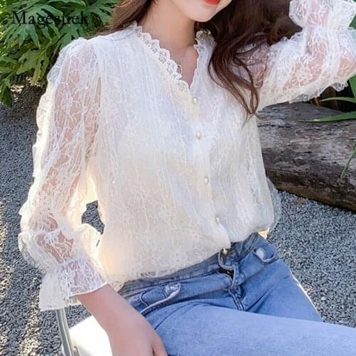 Plus Size Spring Summer V-Neck Shirt Korea Lace Short Sleeve Women Embroidery Casual Clothing Femal Blouse Shirts Blusas 13693