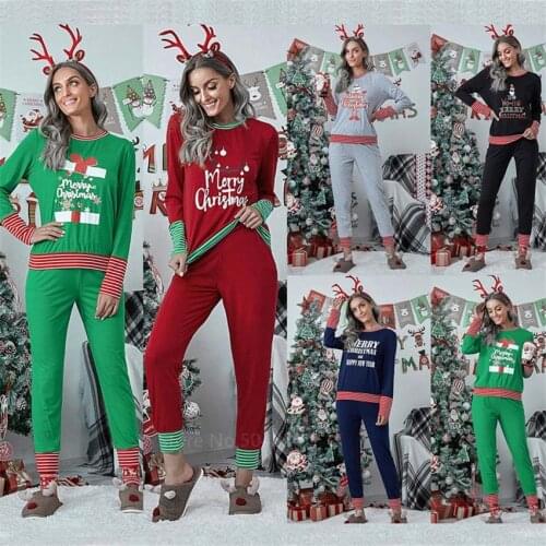 Christmas Long-sleeved Printed Stripe Stitching Home Pajamas Set Pajamas for Women Homewear Sleepwear Tracksuit Two Piece Set