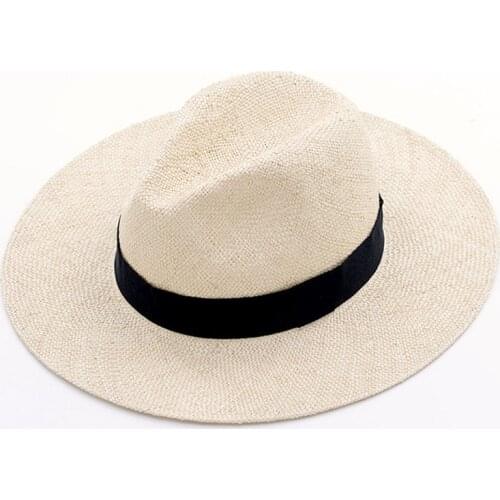Unisex Handmade Natural Sisal Summer Hat for Women Men Wide Brim Sun Hat Trilby Straw Fedora Genuine Havana Retro Beach Jazz Cap
