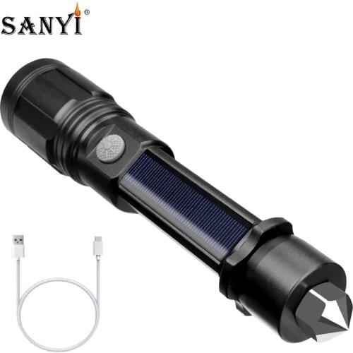 Solar/USB Charging Tactical Flashlight Baton Torch Powerful LED 18650 Flashlights Safey Hammer for Emergency and Self Defense