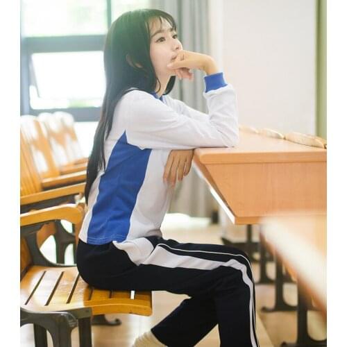 Spring fashion Chinese style clothing male students and female students wear long-sleeved dark blue and white patchwork T-shirt