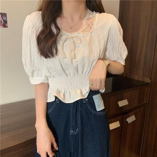 Vintage Blouse Women Square Collar Puff Sleeve Shirts Lace Patchwork White Blusas Mujer Korean Womens Pearl Cropped Tops korean