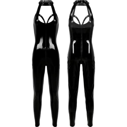 Womens Ladies Moto Punk Fashion DJ Clubwear Costume Leather Bodysuit Zipper Jumpsuit Latex Femme Evening Party Rave Clothes
