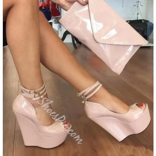 Moraima Snc Sexy Peep Toe Platform Wedge Shoes for Woman Nude Patent Leather Ankle Strap Pumps Super High Club Wearing Heels