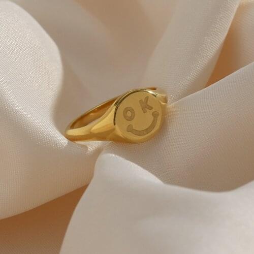 Waterproof Optimistic Attitude Oval Face Ok Smile Signet Ring For Women Ladies Stainless Steel 18K Gold Cute Unique Ring