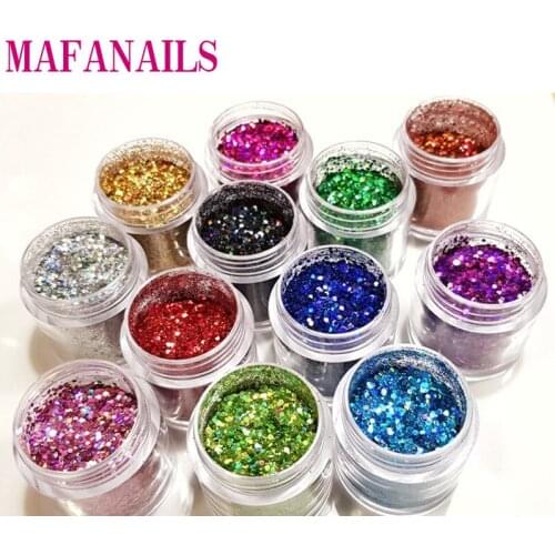 12Color Choice Mix Glitter 0.2-1mm Size Nail Glitter Flakes Body Decor Dust Powder For Eye Body Glitter Powder In 10ml Clear Jar