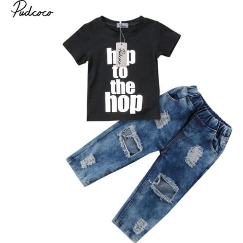 2018 Brand New Toddler Infant Child Kid Baby Boy Jeans Clothes T shirt Top Hole Denim Pants 2Pcs Hip Hop Set Short Sleeve Outfit