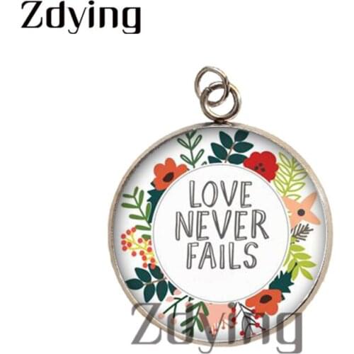 Zdying 2pcs Round Glass Letter Cabochon Love Never Fails Charms Stainless Steel Quote Bible Necklace Pendants Accessories L002